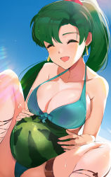 Rule 34 | 1girl, beach, bikini, blush, breasts, cleavage, collarbone, day, closed eyes, fire emblem, fire emblem: the blazing blade, fire emblem heroes, food, fruit, green eyes, green hair, high ponytail, highres, holding, holding food, holding fruit, large breasts, long hair, lyn (fire emblem), melon, navel, nintendo, open mouth, ormille, ponytail, sitting, smile, solo, summer, swimsuit, watermelon