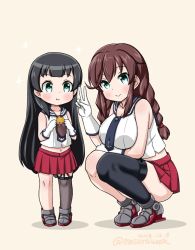Rule 34 | 2girls, agano (kancolle), age regression, aged down, anchor symbol, asymmetrical legwear, black hair, black legwear, black neckwear, black sailor collar, braid, breasts, brown hair, dated, garter straps, gloves, green eyes, kantai collection, large breasts, long hair, masara (chuujou), midriff, multiple girls, necktie, noshiro (kancolle), one-hour drawing challenge, pleated skirt, red skirt, sailor collar, school uniform, serafuku, simple background, single thighhigh, skirt, sleeveless, squatting, standing, swept bangs, thighhighs, twin braids, twitter username, uneven legwear, white background, white gloves