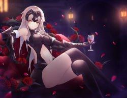 Rule 34 | 1girl, alcohol, armor, armored dress, bad id, bad pixiv id, bare shoulders, black dress, black gloves, black thighhighs, breasts, crossed legs, cup, cupping glass, dress, drinking glass, fate/grand order, fate (series), flower, gloves, highres, jeanne d&#039;arc (fate), jeanne d&#039;arc alter (avenger) (fate), jeanne d&#039;arc alter (avenger) (third ascension) (fate), jeanne d&#039;arc alter (fate), large breasts, long hair, looking at viewer, navel, necoring862, rose, silver hair, sitting, solo, stomach, thighhighs, thighs, thorns, wine, wine glass, yellow eyes