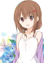 Rule 34 | 1girl, arms at sides, artist name, bad id, bad pixiv id, blush, bow, braid, brown eyes, brown hair, camisole, cardigan, copyright name, dated, floral background, flower, graphite (medium), hair between eyes, hair bow, hydrangea, kanaya neko, looking at viewer, open cardigan, open clothes, parted lips, ragho no erika, red bow, sidelocks, signature, smile, solo, sukurizo!, traditional media, twin braids, upper body