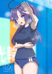 Rule 34 | 1girl, absurdres, arm around waist, black halo, blue archive, blue buruma, blurry, blurry background, blush, breasts, buruma, check commentary, commentary, commentary request, do kusuri, embarrassed, eyelashes, gym, gym shirt, gym uniform, halo, highres, long hair, looking at viewer, mechanical halo, messy hair, official alternate costume, open mouth, outstretched arm, purple eyes, purple hair, shirt, signature, small breasts, star on cheek, star sticker, steam, steaming body, sticker on face, sweat, sweat stain, sweaty clothes, t-shirt, yuuka (blue archive), yuuka (track) (blue archive)