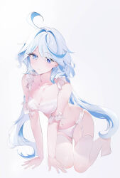 Rule 34 | 1girl, absurdres, ahoge, blue eyes, blue hair, blue nails, bra, breasts, cleavage, collarbone, colored inner hair, fingernails, full body, furina (genshin impact), genshin impact, hair between eyes, heterochromia, highres, light blue hair, long hair, looking at viewer, maomoking, medium breasts, multicolored hair, nail polish, navel, panties, parted lips, sidelocks, simple background, solo, stomach, streaked hair, thighs, two-tone hair, underwear, white background, white bra, white panties