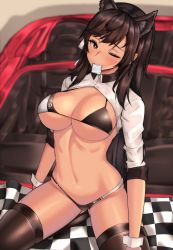 Rule 34 | 1girl, ;), absurdres, alternate costume, animal ear fluff, animal ears, atago (azur lane), atago (stunning speedster) (azur lane), azur lane, bikini, black bikini, blurry, blurry background, blush, breasts, brown eyes, brown hair, car, checkered flag, cleavage, clyde s, condom, condom in mouth, condom wrapper, cowboy shot, flag, groin, hair ribbon, hand on own hip, hand up, highres, kneeling, large breasts, long hair, long sleeves, looking at viewer, mole, mole under eye, motor vehicle, mouth hold, navel, one eye closed, race queen, ribbon, shrug (clothing), sidelocks, skindentation, smile, solo, stomach, swimsuit
