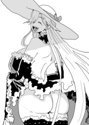 Rule 34 | 1girl, ^ ^, ass, bare back, bare shoulders, breasts, choker, closed eyes, clothes lift, cowboy shot, doctor masube, dress, dress lift, fang, flashing, frilled choker, frills, from behind, gloves, greyscale, hair over one eye, hat, huge ass, huge breasts, large breasts, lifted by self, long hair, looking at viewer, looking back, lucretia (doctor masube), monochrome, no bra, original, simple background, smile, solo, standing, thick thighs, thighhighs, thighs, very long hair, white background