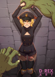 Rule 34 | 1boy, 1girl, angry, animal ears, arms up, artist name, black headwear, black jacket, black pantyhose, black shorts, blonde hair, blush, boots, breasts, brit (d-rex), brown thighhighs, buttons, cleavage cutout, clenched teeth, clothing cutout, colored skin, commentary, d-rex, double-breasted, english commentary, green skin, hat, highres, indoors, jacket, knees together feet apart, original, out of frame, pantyhose, rabbit ears, restrained, short hair, shorts, solo focus, stone wall, teeth, thigh boots, thighhighs, torn clothes, torn legwear, wall, yellow eyes