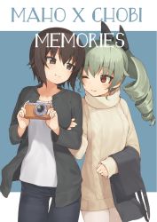 Rule 34 | 10s, 2girls, ;), alternate costume, anchovy (girls und panzer), aqua hair, black eyes, black hair, black jacket, black pants, black ribbon, blue background, blush, camera, casual, character name, closed mouth, collarbone, cowboy shot, dress, drill hair, english text, eye contact, girls und panzer, hair ribbon, hand on another&#039;s arm, highres, holding, holding camera, jacket, long hair, long sleeves, looking at another, multiple girls, nishizumi maho, one eye closed, open clothes, open jacket, pants, pantyhose, red eyes, ribbon, seramikku, shirt, short hair, sleeves past wrists, smile, standing, sweater, sweater dress, thigh gap, turtleneck, turtleneck sweater, two-tone background, white legwear, white shirt, yellow sweater