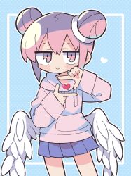 Rule 34 | 1girl, blue background, blue skirt, blush stickers, closed mouth, commentary, commentary request, cowboy shot, datenshi-chan (nanawo akari), double bun, feathered wings, finger frame, hair bun, hands up, heart, highres, hood, hood down, hoodie, instant heaven, jitome, long sleeves, looking at viewer, low wings, original, outline, pink eyes, pink hair, pink hoodie, pleated skirt, polka dot, polka dot background, richard (richaball), sanpaku, short hair, sidelocks, skirt, smile, solo, v-shaped eyebrows, white outline, wings