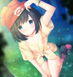 Rule 34 | 1girl, bad id, bad pixiv id, beanie, black hair, blush, bracelet, closed mouth, commentary request, creatures (company), floral print, game freak, grass, green shorts, hat, jewelry, kamowasa, kneeling, looking at viewer, nintendo, orange hat, pokemon, pokemon sm, selene (pokemon), shirt, shoes, short shorts, short sleeves, shorts, solo, t-shirt, tied shirt, tree, yellow shirt, z-ring