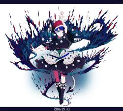 Rule 34 | 1girl, arm up, bad id, bad twitter id, black socks, blue eyes, blue hair, book, capelet, dated, doremy sweet, dress, full body, gradient background, hat, kneehighs, letterboxed, looking to the side, matching hair/eyes, nightcap, open book, pom pom (clothes), shishi osamu, short hair, smile, socks, solo, tail, touhou, upskirt
