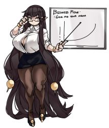 Rule 34 | 1girl, absurdly long hair, absurdres, adjusting eyewear, alternate breast size, black-framed eyewear, black bra, black hair, black nails, bra, bracelet, breasts, brown pantyhose, bursting breasts, cleavage, english text, fate/apocrypha, fate/grand order, fate (series), full body, hair ornament, high heels, highres, huge breasts, jewelry, long hair, miniskirt, nail polish, pantyhose, pencil skirt, pointer, pointy ears, ring, semi-rimless eyewear, semiramis (fate), skirt, solo, standing, teacher, thick thighs, thighs, under-rim eyewear, underwear, very long hair, whiteboard, yellow eyes, zanamaoria