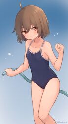 Rule 34 | 1girl, ahoge, artist name, blue background, breasts, brown hair, centi mnkt, collarbone, cowboy shot, gradient background, highres, holding, holding hose, hose, blue background, new school swimsuit, one-piece swimsuit, original, red eyes, school swimsuit, short hair, sidelocks, simple background, small breasts, standing, swimsuit, twitter username, water drop