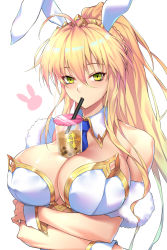 Rule 34 | 1girl, animal ears, artoria pendragon (all), artoria pendragon (fate), artoria pendragon (lancer) (fate), artoria pendragon (swimsuit ruler) (fate), bare shoulders, blonde hair, breasts, bubble tea challenge, cleavage, fate/grand order, fate (series), green eyes, hair between eyes, highres, large breasts, nasaniliu, rabbit ears, simple background, solo, white background