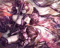 Rule 34 | 1girl, alternate costume, armor, armored dress, armpits, bare shoulders, between legs, blonde hair, breasts, cleavage, commentary, detached sleeves, elbow gloves, fate/apocrypha, fate/grand order, fate (series), fur, fur trim, gauntlets, gloves, hair over one eye, hand between legs, headpiece, highres, jeanne d&#039;arc (fate), jeanne d&#039;arc alter (avenger) (fate), jeanne d&#039;arc alter (fate), large breasts, looking at viewer, open mouth, outstretched arm, polearm, purple thighhighs, seiza, short hair, signo aaa, sitting, skirt, smile, solo, thighhighs, weapon, yellow eyes