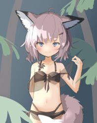 Rule 34 | 1girl, ahoge, animal ears, arknights, arm behind back, arm up, bikini, black bikini, blue eyes, breasts, brown hair, fie in b86, fox ears, fox girl, fox tail, highres, low twintails, navel, short hair, small breasts, smile, solo, stomach, sussurro (arknights), swimsuit, tail, twintails