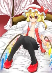 Rule 34 | 1girl, absurdres, ariyoshi gen, bed, blonde hair, blush, female focus, flandre scarlet, flat chest, hat, hat ribbon, highres, no bra, open clothes, open shirt, pantyhose, red eyes, ribbon, shirt, short hair, side ponytail, solo, touhou, wings