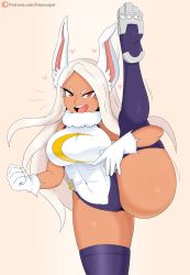 Rule 34 | ^^^, animal ear fluff, arms up, blue thighhighs, boku no hero academia, boots, breasts, clenched hand, formal, gloves, halterneck, heart, highres, jinu (jinusenpai), kneepits, leggings, long hair, mirko, parted bangs, paw shoes, purple thighhighs, red eyes, simple background, solo, spoken heart, spread legs, standing, standing on one leg, suit, swept bangs, teeth, thick thighs, thighhighs, thighs, upper teeth only, very long hair, watermark, web address, white hair, white suit