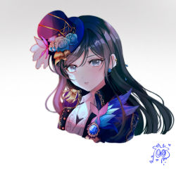 Rule 34 | 1girl, aoyagi tsubaki, artist logo, bad id, bad pixiv id, black hair, blue feathers, blue flower, blue jacket, breasts, brooch, butterfly ornament, cleavage, commentary, cropped torso, d4dj, ear piercing, earrings, english commentary, epaulettes, feathers, flower, from side, giraffe three, grey background, grey eyes, hair between eyes, hat, hat flower, highres, jacket, jewelry, long hair, looking at viewer, open clothes, open jacket, parted lips, piercing, shirt, simple background, solo, top hat, upper body, white flower, white shirt