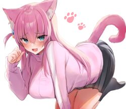 Rule 34 | 1girl, :d, animal ear fluff, animal ears, arm support, black skirt, black socks, blue eyes, blush, bocchi the rock!, breasts, cat day, cat ears, cat tail, commentary, cube hair ornament, fang, furrowed brow, gotoh hitori, hair between eyes, hair ornament, hand up, highres, jacket, kneeling, large breasts, leaning forward, long hair, maru ccy, miniskirt, no shoes, one side up, open mouth, paw pose, paw print, pink jacket, sidelocks, simple background, skirt, smile, socks, solo, tail, white background
