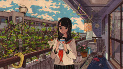Rule 34 | 1girl, apartment, awakumo, balcony, black eyes, black hair, black sailor collar, black skirt, blunt bangs, brick wall, broom, building, calico, can, carton, cat, cigarette pack, closed mouth, clothes hanger, cloud, commentary, crocs, day, english commentary, film grain, hair ornament, hairclip, hands up, highres, holding, holding carton, long sleeves, looking at viewer, lucky strike, medium hair, milk, milk carton, mixed-language commentary, neckerchief, original, outdoors, pleated skirt, power lines, railing, red neckerchief, sailor collar, school uniform, serafuku, shirt, skirt, sliding doors, solo, tree, utility pole, water tank, watering can, white cat, white shirt
