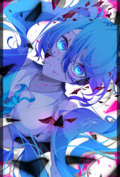 Rule 34 | 1girl, :d, absurdres, aqua hair, armpits, bare shoulders, blue eyes, blush, breasts, collared shirt, commentary, crack, detached sleeves, foreshortening, ghost rule (vocaloid), goma irasuto, hatsune miku, highres, letterboxed, long hair, looking at viewer, lyrics, open mouth, outstretched hand, palms, shirt, small breasts, smile, solo, twintails, upper body, vocaloid