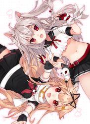 Rule 34 | 2girls, :d, animal ears, azur lane, belt, belt buckle, black gloves, black ribbon, black serafuku, black shirt, black skirt, blonde hair, blue nails, blush, braid, breasts, buckle, claw pose, collarbone, commentary request, crop top, crossover, fang, fingerless gloves, gloves, hair between eyes, hair ornament, hair ribbon, hairclip, half gloves, heart, highres, historical name connection, kantai collection, long hair, medium breasts, multicolored nails, multiple girls, nail polish, name connection, navel, neckerchief, open mouth, orqz, outstretched arms, pleated skirt, polka dot, polka dot background, puffy short sleeves, puffy sleeves, purple nails, red belt, red eyes, red gloves, red nails, red neckerchief, red ribbon, ribbon, scarf, school uniform, serafuku, shirt, short sleeves, side braid, skirt, smile, thick eyebrows, two side up, v-shaped eyebrows, very long hair, white scarf, white shirt, wolf ears, yuudachi (azur lane), yuudachi (kancolle)