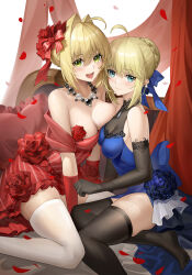 Rule 34 | 2girls, absurdres, ahoge, artoria pendragon (all), artoria pendragon (fate), bare shoulders, black gloves, black thighhighs, blonde hair, blue dress, blue ribbon, blush, braid, breasts, cleavage, collarbone, dress, elbow gloves, fate/extra, fate/stay night, fate (series), french braid, gloves, green eyes, hair bun, hair intakes, hair ribbon, highres, jewelry, large breasts, long hair, looking at viewer, medium breasts, multiple girls, necklace, nero claudius (fate), nero claudius (fate) (all), nero claudius (fate/extra), off shoulder, open mouth, petals, red dress, red gloves, red ribbon, revision, ribbon, saber (fate), saber (lapis lazuli dress) (fate), see-through, see-through cleavage, shenqi xiao hong zai nali, sidelocks, smile, thighhighs, thighs, white thighhighs