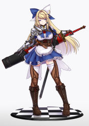 Rule 34 | 1girl, absurdres, ahoge, alice (alice in wonderland), alice in wonderland, armor, blonde hair, blue eyes, boots, bow, breasts, chaps, cross-laced footwear, dress, earrings, gauntlets, haiiro gundan, hair bow, highres, huge weapon, jewelry, lace-up boots, large breasts, long hair, original, solo, sword, thighhighs, very long hair, weapon