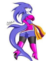 Rule 34 | 1girl, artist request, boots, fins, fish tail, furry, furry female, purple eyes, shark, shark tail, solo, tail