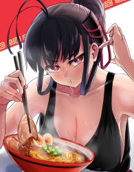 Rule 34 | 1girl, antenna hair, armpits, black hair, blush, bowl, breasts, chopsticks, cleavage, closed mouth, collarbone, commentary request, eating, egg, food, frown, hair between eyes, hair ornament, hand up, hawe king, holding, holding chopsticks, large breasts, looking at viewer, meandros, nail polish, noodles, original, ponytail, pout, ramen, red eyes, sleeveless, solo, steam, sweat, tank top, upper body, wet