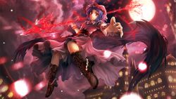 Rule 34 | 1girl, blue hair, boots, building, cloud, fang, freeze-ex, hat, highres, looking at viewer, moon, open mouth, outstretched arm, red eyes, remilia scarlet, short hair, sky, solo, spear the gungnir, embodiment of scarlet devil, touhou, wings, wrist cuffs
