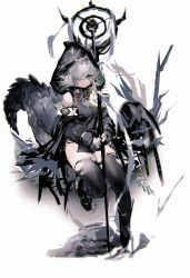 Rule 34 | 1girl, ahoge, arknights, black footwear, black gloves, black thighhighs, boots, breasts, closed mouth, crocodilian tail, flower, gloves, goggles, goggles around neck, grey hair, highres, holding, holding staff, hood, hood up, large tail, leg up, partially fingerless gloves, pointy ears, simple background, so-bin, solo, staff, tail, thighhighs, tomimi (arknights), white background, yellow eyes