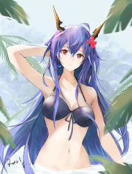 Rule 34 | 1girl, absurdres, ahoge, arknights, arm behind head, bikini, black bikini, blue hair, breasts, ch&#039;en (arknights), ch&#039;en the holungday (arknights), ch&#039;en the holungday (elite ii) (arknights), chitangbujiayan, commentary, dragon horns, front-tie bikini top, front-tie top, hair between eyes, highres, horns, long hair, looking at viewer, medium breasts, navel, official alternate costume, outdoors, palm leaf, partially submerged, red eyes, straight-on, swimsuit, upper body, very long hair
