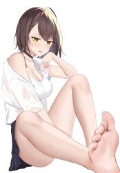 Rule 34 | 1girl, azur lane, baltimore (azur lane), barefoot, black choker, black skirt, breasts, brown hair, choker, cleavage, collarbone, feet, foot focus, highres, jyu-so, large breasts, looking at viewer, medium breasts, open clothes, open mouth, open shirt, shirt, short hair, short sleeves, simple background, sitting, skirt, solo, sports bra, sweat, white background, white shirt, white sports bra, yellow eyes
