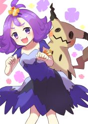 Rule 34 | &gt;:3, &gt;:d, 1girl, :3, :d, acerola (pokemon), alternate color, antenna hair, armlet, bad id, bad pixiv id, blush, commentary request, cowboy shot, creatures (company), dress, flipped hair, floral background, game freak, gen 7 pokemon, hair ornament, hands up, highres, leaning forward, looking at viewer, mimikyu, nintendo, open mouth, pokemon, pokemon (creature), pokemon sm, purple dress, purple eyes, purple hair, short hair, short sleeves, smile, standing, stitches, tareme, tsukiman, v-shaped eyebrows