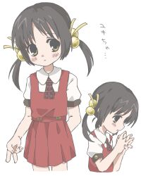 Rule 34 | 1girl, black eyes, black hair, blush stickers, brown eyes, child, closed mouth, collared shirt, cowboy shot, cropped legs, dress, from side, hair bobbles, hair ornament, highres, interlocked fingers, kaai yuki, looking at viewer, low twintails, multiple views, necktie, nekotan (necotqn), pinafore dress, plaid necktie, red dress, shirt, short sleeves, short twintails, simple background, sleeveless, sleeveless dress, standing, twintails, upper body, v, vocaloid, white background, white shirt