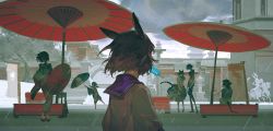 Rule 34 | 6+girls, animal ears, architecture, au ra, bench, black hair, brown hair, building, cat ears, cat girl, cat tail, city, closed eyes, cloud, cloudy sky, commentary, day, dragon tail, dress, east asian architecture, elezen, elf, facing away, final fantasy, final fantasy xiv, food, food in mouth, from behind, grey dress, highres, holding, holding umbrella, hyur, japanese clothes, kimono, lalafell, luckyia, miqo&#039;te, multiple girls, okobo, on bench, outdoors, parasol, pointy ears, popsicle, popsicle in mouth, rain, sailor collar, sandals, scenery, school uniform, serafuku, short hair, sitting, sky, solo focus, stairs, standing, tail, tree, umbrella, upper body, v arms, warrior of light (ff14), wind, wind lift, yellow kimono