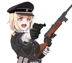 Rule 34 | 1girl, aiming, bad id, bad twitter id, belt, black gloves, black hat, black shirt, blonde hair, breasts, colored sclera, cross, dual wielding, girls&#039; frontline, gloves, gun, handgun, hat, holding, holding weapon, iron cross, medium breasts, military, military uniform, mp40 (girls&#039; frontline), mp41, nazi, open mouth, peaked cap, pink sclera, red eyes, shirt, short hair, simple background, skull, skull and crossbones, skull print, smile, solo, submachine gun, teeth, totenkopf, uniform, upper body, walther, walther p38, wani (perfect han), weapon, white background