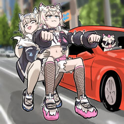 Rule 34 | 2girls, :3, absurdres, bandaid, bandaid hair ornament, belly grab, belt, black jacket, blonde hair, blue eyes, blue hair, blue hairband, building, car, colored shoe soles, commentary, cropped jacket, cropped shirt, dog tail, dunkemz, english commentary, fishnet socks, fishnets, full body, fur-trimmed jacket, fur collar, fur trim, fuwawa abyssgard, fuwawa abyssgard (1st costume), hair ornament, hairband, hairpin, headphones, highres, hololive, hololive english, invisible object, invisible vehicle, jacket, long sleeves, looking at another, mococo abyssgard, mococo abyssgard (1st costume), motor vehicle, multicolored hair, multiple girls, navel, off shoulder, open clothes, open jacket, outdoors, pendant choker, pink belt, pink eyes, pink hair, pink hairband, road, ruffian (fuwamoco), shirt, shoes, shorts, siblings, sisters, sitting, smug, sneakers, socks, stomach, streaked hair, tail, tree, triangle mouth, twins, two-tone hair, v-shaped eyebrows, virtual youtuber, white footwear, white shirt, white shorts, x hair ornament