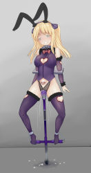 Rule 34 | 1girl, animal ears, bad id, bad pixiv id, bdsm, blonde hair, bondage, bound, breasts, clothing cutout, collar, cuffs, fake animal ears, forced, forced orgasm, gradient background, heart, heart cutout, highres, large breasts, long hair, original, pogo stick, pubic tattoo, pussy juice, rabbit ears, sex machine, slave, solo, stocks, tattoo, thighhighs, two side up, underwear, vaginal, yakou (4507770)