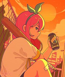 Rule 34 | 1girl, aqua hairband, artist name, aubrey (faraway) (omori), aubrey (omori), bandaid, bandaid on knee, bandaid on leg, baseball bat, bow hairband, building, chain-link fence, city, duskey (sunsetfoam), evening, fence, from side, hairband, highres, jacket, leaning on object, long hair, looking at viewer, looking to the side, omori, open clothes, open jacket, orange sky, orange theme, outdoors, pink hair, scanlines, signature, sitting, sky, solo, sun, sunset, white jacket