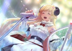 Rule 34 | 1girl, ahoge, bare shoulders, belt, blonde hair, closed eyes, commentary, detached sleeves, dress, fur-trimmed dress, fur trim, hair ornament, hair ribbon, hairpin, harp, holding, holding instrument, hololive, horns, instrument, koko (koko3), long hair, microphone, microphone stand, music, neck ribbon, open mouth, pink ribbon, red ribbon, ribbon, sheep horns, sidelocks, singing, smile, solo, standing, tsunomaki watame, tsunomaki watame (1st costume), virtual youtuber, white dress