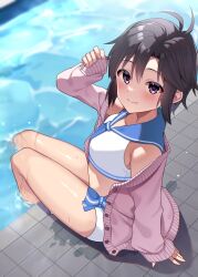 Rule 34 | 1girl, antenna hair, bikini, black hair, blue bow, blue neckerchief, blue sailor collar, blush, bow, breasts, buttons, cardigan, commentary, day, dot nose, hand up, highres, idolmaster, idolmaster (classic), kikuchi makoto, legs, long sleeves, looking at viewer, neckerchief, open cardigan, open clothes, outdoors, partially submerged, pink cardigan, pool, poolside, purple eyes, raimone26, sailor collar, sailor swimsuit (idolmaster), short hair, sidelocks, sitting, sleeves past wrists, small breasts, solo, sunlight, swimsuit, thighs, water, wet, white bikini