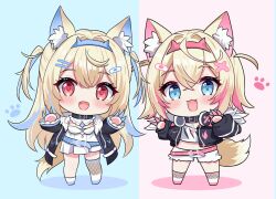 Rule 34 | 2girls, adju ster, animal ear fluff, animal ears, bandaid, bandaid hair ornament, belt, black collar, black jacket, blonde hair, blue background, blue belt, blue eyes, blue hair, blue hairband, blush, chibi, collar, commentary, cropped jacket, cropped shirt, dog ears, dog girl, dog tail, dress, fake horns, fang, full body, fur-trimmed jacket, fur trim, fuwawa abyssgard, fuwawa abyssgard (1st costume), hair ornament, hairband, hands up, hololive, hololive english, horns, jacket, long sleeves, looking at viewer, midriff, mococo abyssgard, mococo abyssgard (1st costume), multicolored hair, multiple girls, open clothes, open jacket, open mouth, paw print, paw print background, red eyes, red hairband, shirt, short hair, short shorts, shorts, siblings, simple background, single thighhigh, sisters, smile, standing, streaked hair, tail, thighhighs, twins, two side up, virtual youtuber, white dress, white shirt, white shorts, x hair ornament