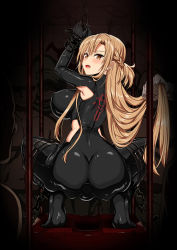 Rule 34 | 1girl, alternate breast size, ass, asuna (sao), black bodysuit, blush, bodysuit, bound, bound legs, breasts, brown eyes, brown hair, butt plug, chained wrists, full body, grabbing another&#039;s hair, hands up, highres, kojima saya, large breasts, latex, latex suit, long hair, looking at viewer, looking back, open mouth, restrained, sex toy, solo, squatting, sword art online, very long hair