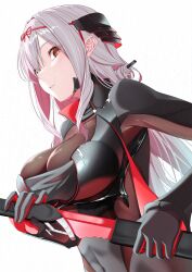 Rule 34 | 1girl, armored bodysuit, black bodysuit, bodysuit, breasts, closed mouth, goddess of victory: nikke, grey bodysuit, grey hair, headgear, holding, holding weapon, large breasts, light blush, long hair, looking at viewer, official alternate costume, red eyes, scarlet (black shadow) (nikke), scarlet (nikke), simple background, solo, sword, urato hotaru, weapon, white background