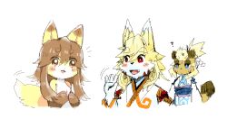 Rule 34 | 3girls, :3, ?, animal ear fluff, animal ears, animal hands, animal nose, blonde hair, blue eyes, blue trim, blush, blush stickers, borrowed character, bright pupils, brown fur, brown hair, closed mouth, colored tips, detached sleeves, expressionless, fang, female focus, flat chest, fox ears, fox girl, fox tail, furry, furry female, hair between eyes, hair ornament, hair stick, half-closed eyes, hand up, hands up, happy, highres, jaggy lines, japanese clothes, kame (3t), kimono, long hair, long sleeves, looking at another, motion lines, multicolored hair, multiple girls, notice lines, obi, open mouth, orange trim, original, own hands together, raccoon ears, raccoon girl, raccoon tail, red eyes, rin-chan (kame (3t)), sash, shide, short hair, sidelocks, simple background, sketch, sleeveless, sleeveless kimono, smile, swept bangs, tail, tail wagging, thick eyebrows, topknot, two-tone fur, two-tone hair, upper body, waving, white background, white fur, white hair, white kimono, white pupils, yellow fur, yhun-chan (kame (3t))