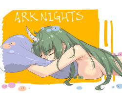 Rule 34 | 1girl, ahoge, arknights, breasts, cauchyconjugacy, closed eyes, commentary request, copyright name, green hair, highres, horns, hoshiguma (arknights), large breasts, long hair, lying, nude, hugging object, on stomach, pillow, pillow hug, single horn, solo, upper body