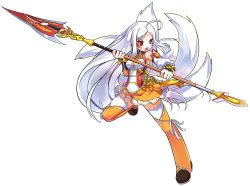 Rule 34 | 1girl, ahoge, ara haan, ara han, ara han (celestial fox), detached sleeves, elsword, facial mark, fox tail, full body, holding, holding weapon, little xia (elsword), long hair, official art, open mouth, polearm, red eyes, ress, ribbon, silver hair, solo, tail, thighhighs, transparent background, weapon, white ribbon, white thighhighs