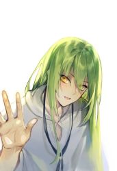 Rule 34 | 1boy, against fourth wall, enkidu (fate), eyes visible through hair, fate/strange fake, fate (series), green hair, hand up, kangetsu (fhalei), long hair, looking at viewer, male focus, parted lips, robe, simple background, solo, upper body, white background, yellow eyes