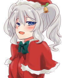 Rule 34 | 10s, 1girl, bell, blue eyes, blush, bow, bowtie, capelet, hair ornament, hat, jingle bell, kantai collection, kashima (kancolle), open mouth, r-king, santa costume, santa hat, silver hair, solo, twintails, wavy hair, white background